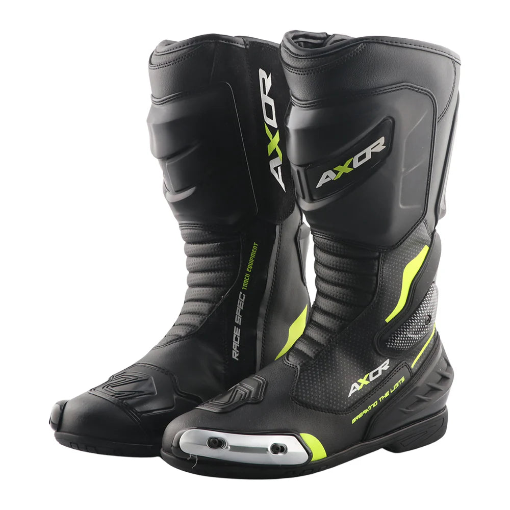 Axor Racer Tec Riding Boots – Black motorcycle boots with reinforced toe, ankle protection, and a sporty design, ideal for riders seeking safety and style.
motorizzr