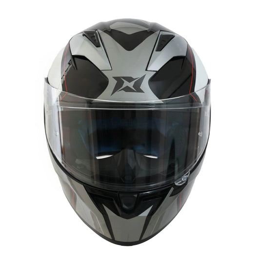 Black and gray motorcycle helmet with clear visor on a white background