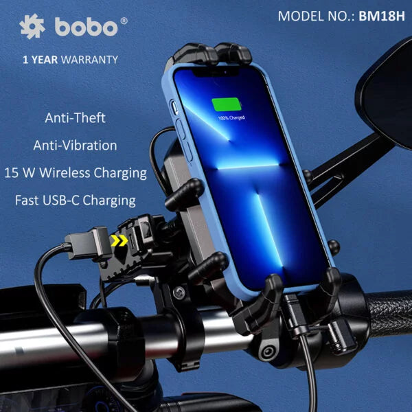 BOBO BM18H Anti-Vibration Bike Phone Holder (with Fast 15W Wireless Charger & USB-C Charging Module)