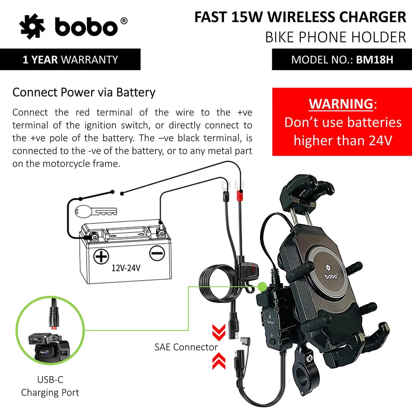 BOBO BM18H Anti-Vibration Bike Phone Holder (with Fast 15W Wireless Charger & USB-C Charging Module)