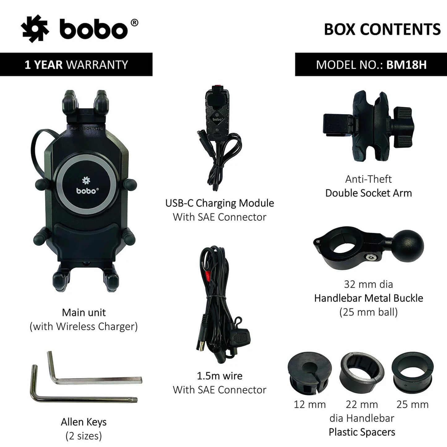 BOBO BM18H Anti-Vibration Bike Phone Holder (with Fast 15W Wireless Charger & USB-C Charging Module)