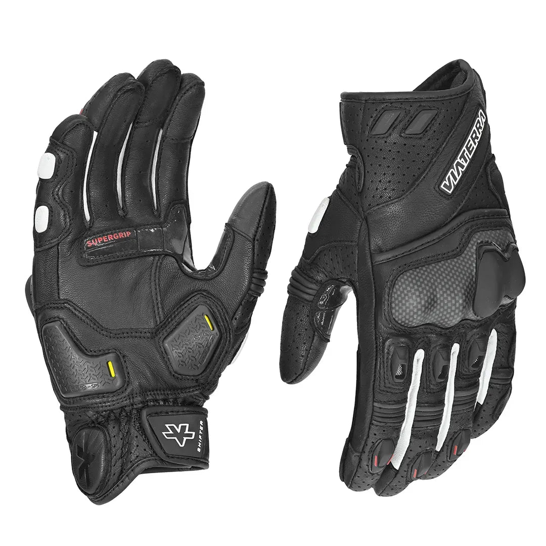 Pair of black motorcycle gloves with brand logo on a white background
viaterra