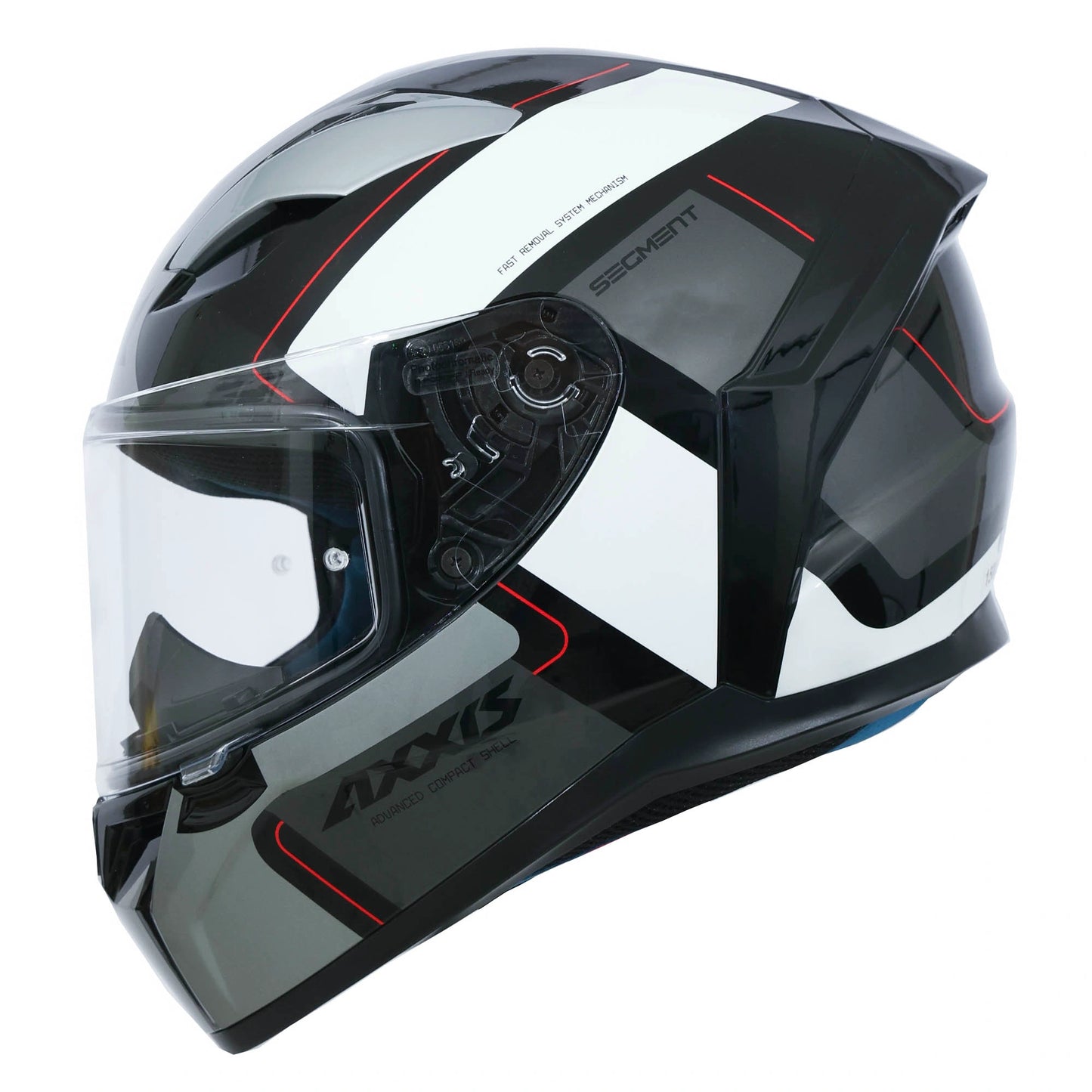 Black and white motorcycle helmet with clear visor on a white background