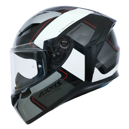 Black and white motorcycle helmet with clear visor on a white background