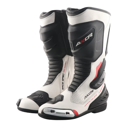 Axor Racer Tec Riding Boots – Black motorcycle boots with reinforced toe, ankle protection, and a sporty design, ideal for riders seeking safety and style. Motorizzr