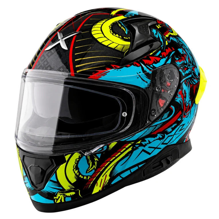A full-face motorcycle helmet with a vibrant, multicolor graphic design featuring blue, yellow, red, and black dragon illustrations, shown with a clear visor against a white background.

AXOR Apex Scratch Helmet - Black Copper
motorizzr