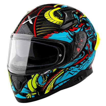 A full-face motorcycle helmet with a vibrant, multicolor graphic design featuring blue, yellow, red, and black dragon illustrations, shown with a clear visor against a white background.

AXOR Apex Scratch Helmet - Black Copper
motorizzr