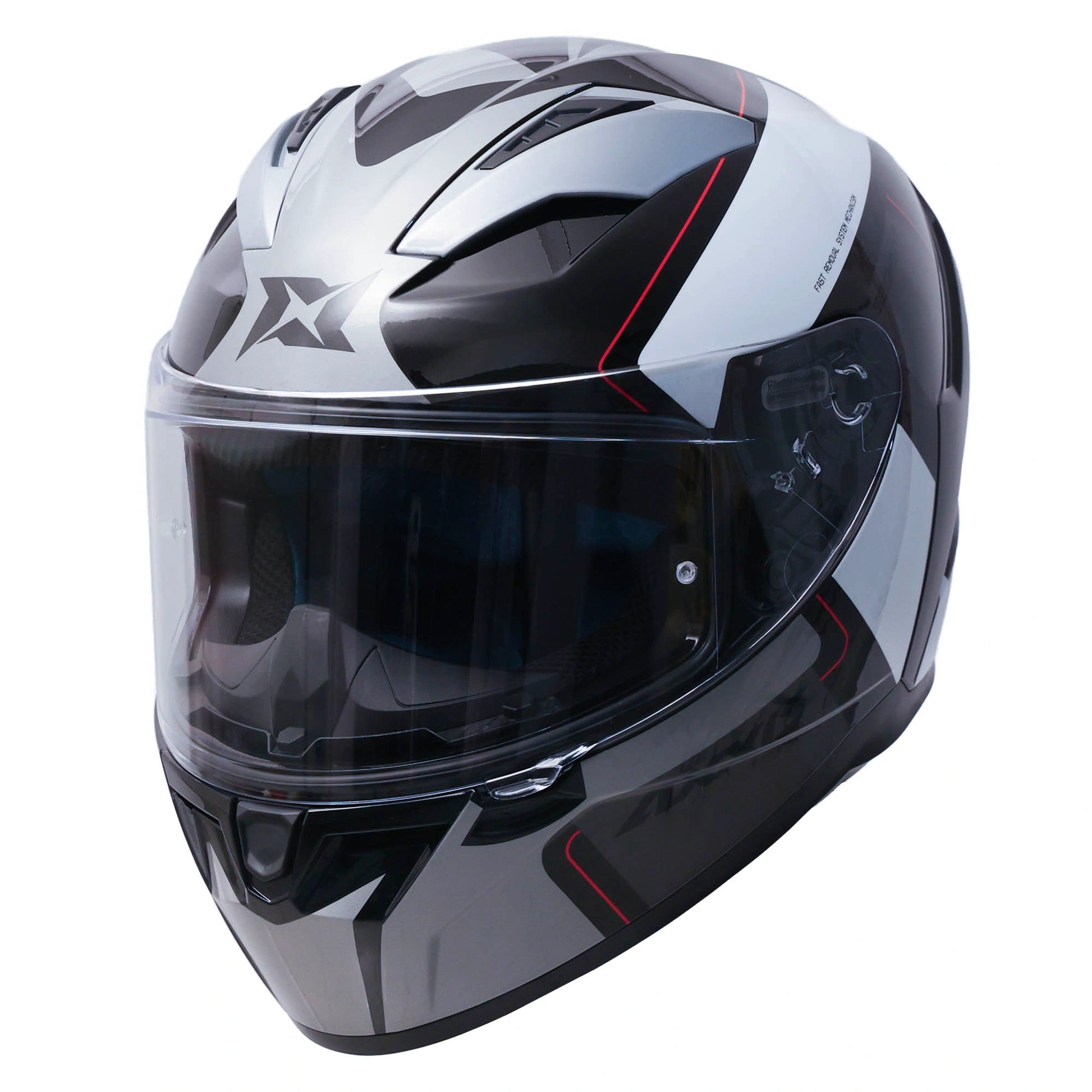Black and gray motorcycle helmet with clear visor on a white background