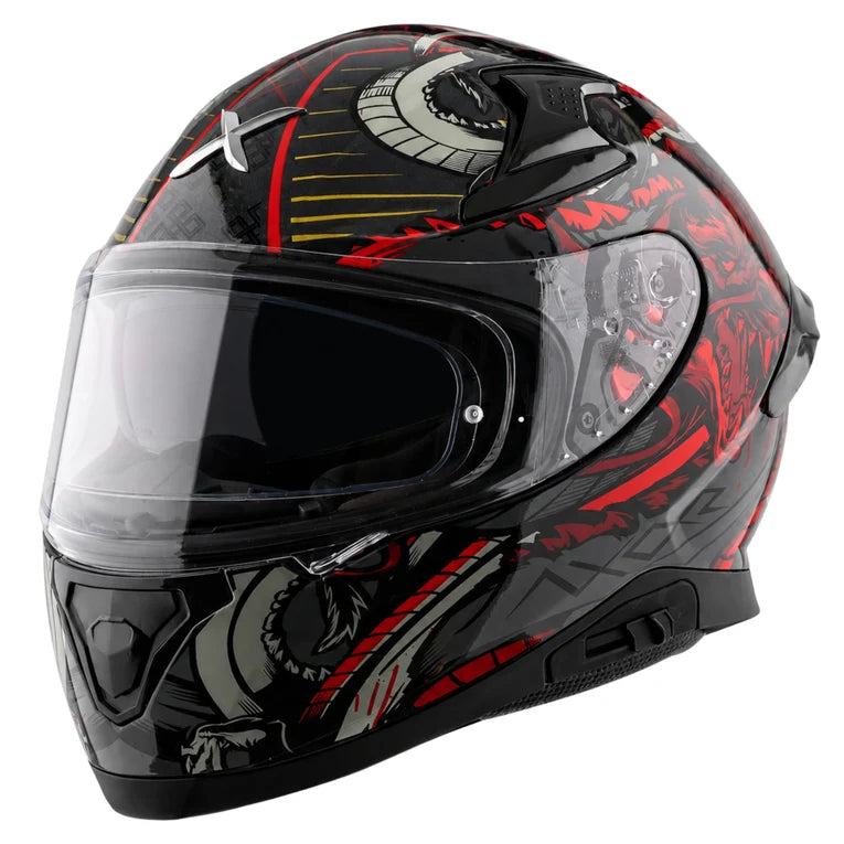A full-face motorcycle helmet with a glossy black base and red, gray, and yellow graphic patterns, featuring a clear visor.

AXOR Apex Scratch Helmet - Black Copper
motorizzr