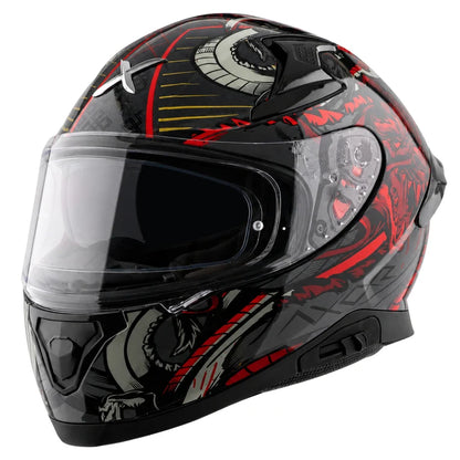 A full-face motorcycle helmet with a glossy black base and red, gray, and yellow graphic patterns, featuring a clear visor.

AXOR Apex Scratch Helmet - Black Copper
motorizzr