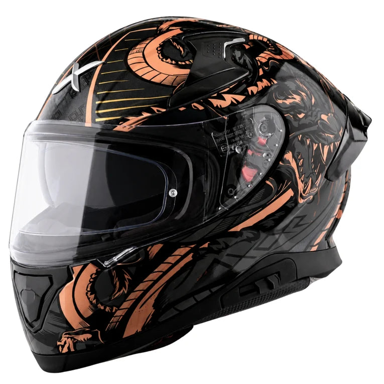 A full-face motorcycle helmet with a glossy black base and a detailed orange and gold dragon graphic design, featuring a clear visor.

AXOR Apex Scratch Helmet - Black Copper
motorizzr
