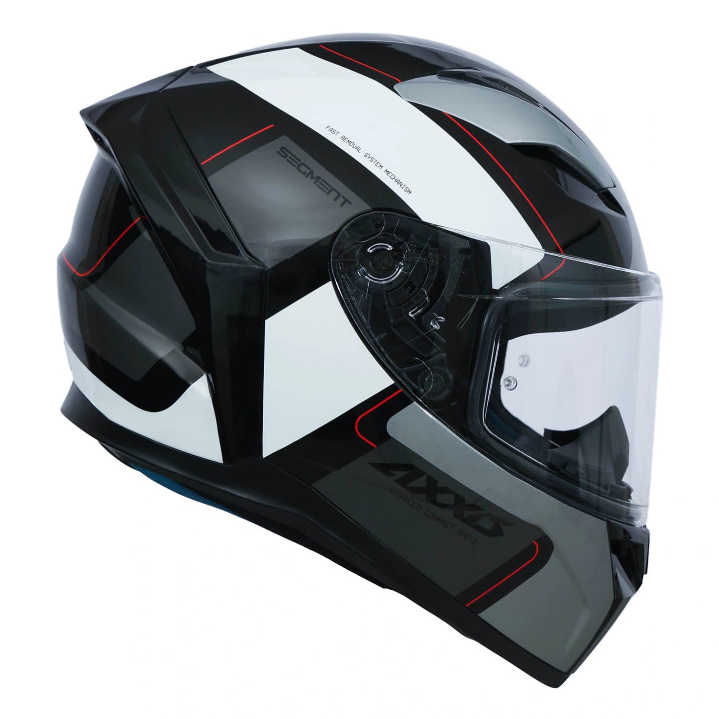 Black and white motorcycle helmet with clear visor on a white background