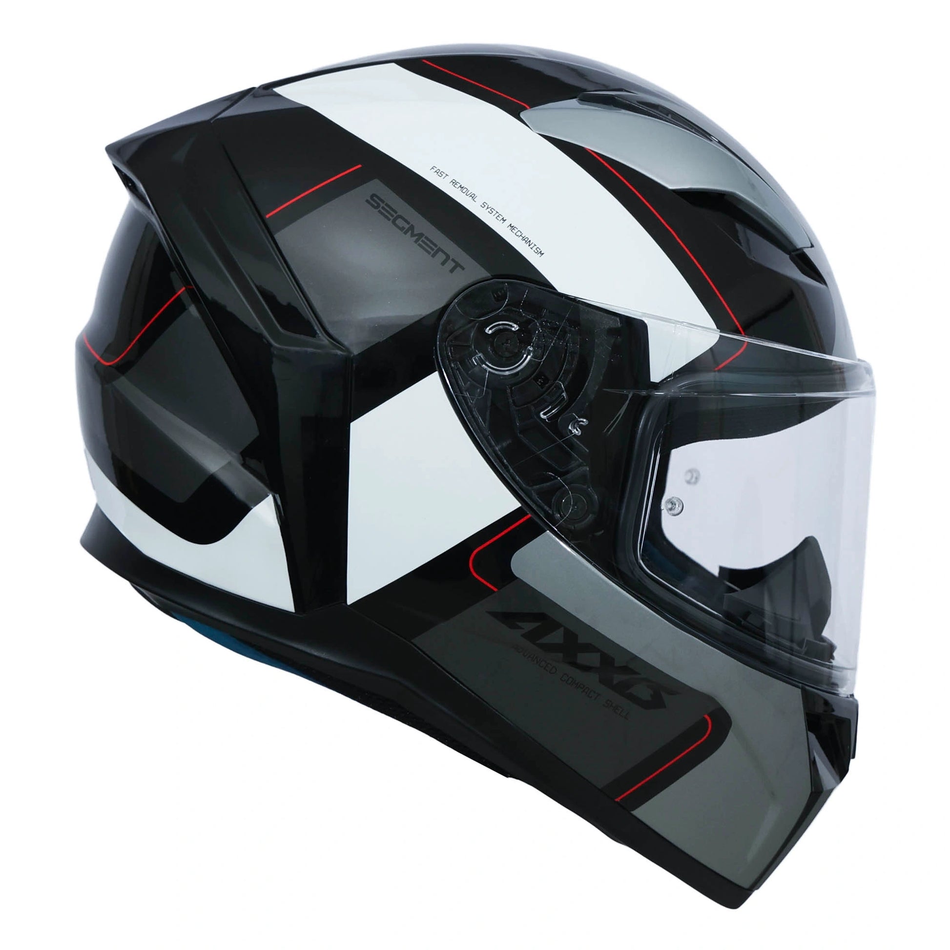 Black and white motorcycle helmet with clear visor on a white background