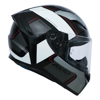 Black and white motorcycle helmet with clear visor on a white background