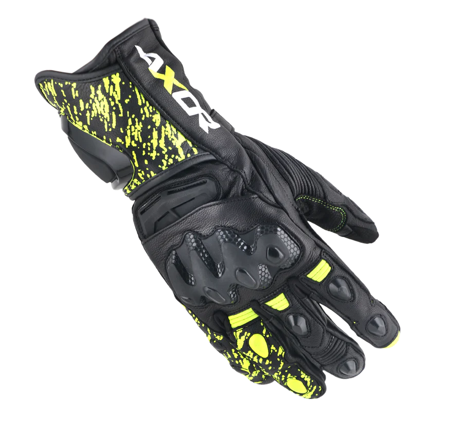 Enzo Black and yellow glove with 'AXOR' branding. shop now at: www.motorizzr.com