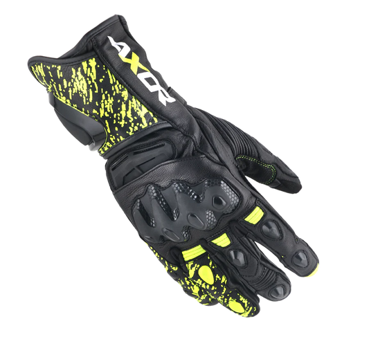 Enzo Black and yellow glove with 'AXOR' branding. shop now at: www.motorizzr.com