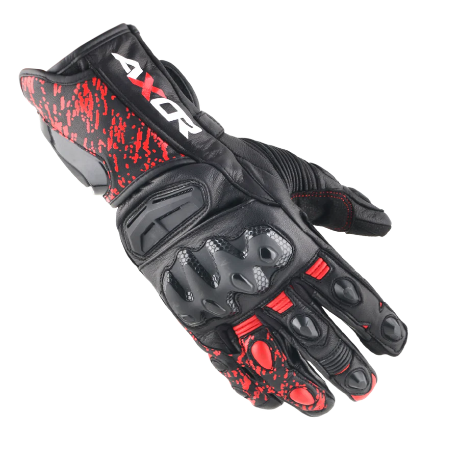 Enzo Black and red glove with 'AXOR' branding. shop now at: www.motorizzr.com