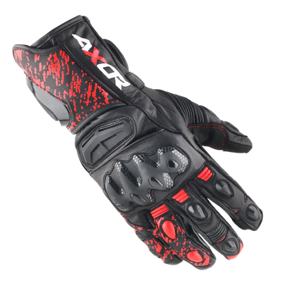 Enzo Black and red glove with 'AXOR' branding. shop now at: www.motorizzr.com
