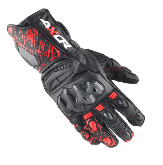 Enzo Black and red glove with 'AXOR' branding. shop now at: www.motorizzr.com