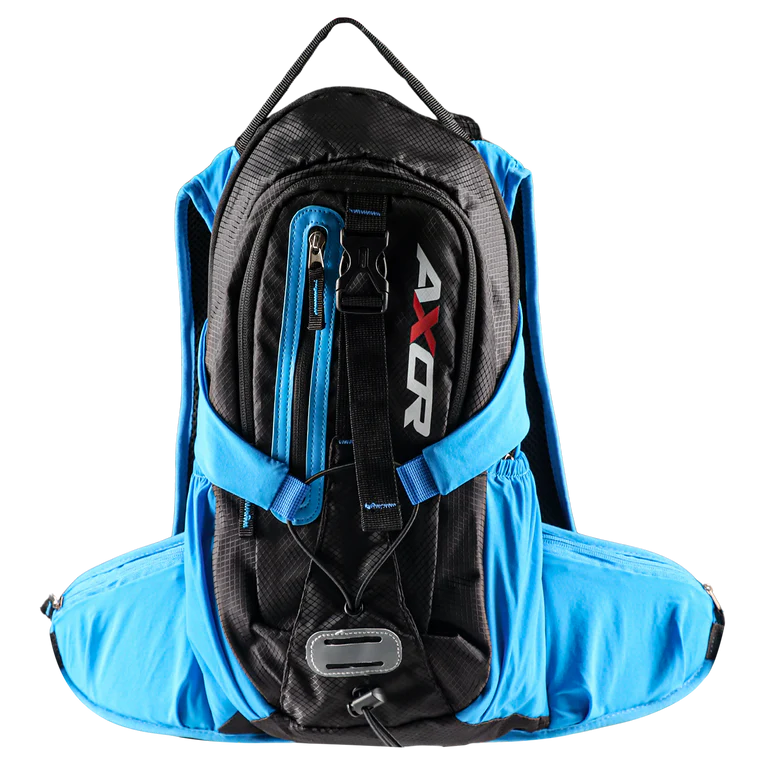 AXOR Oasis hydration backpack featuring a built-in 2-liter leak-proof water bladder with a bite valve for easy drinking. The bag has an ergonomic padded back panel with a breathable ventilation system for comfort, multiple zippered compartments for storing gear, and reflective elements for low-light visibility. Perfect for motorcycle riding, cycling, and trekking. Motorizzr