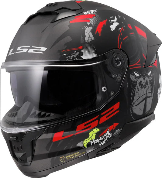 Black motorcycle helmet with red and white designs on a white background
LS2