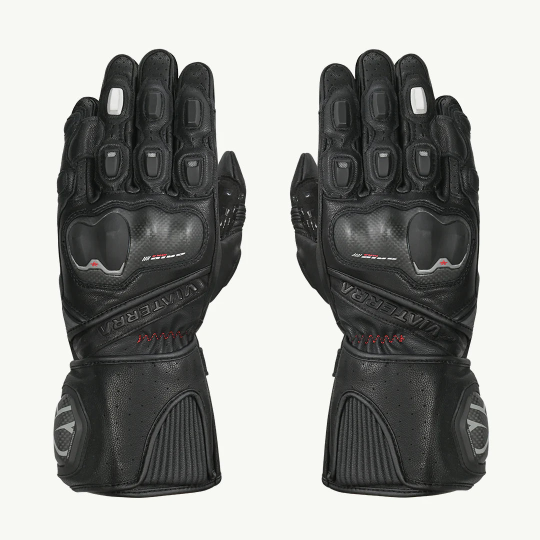 VIATERRA GRID MK3 – FULL GAUNTLET MOTORCYCLE RIDING GLOVES - BLACK RED WHITE
