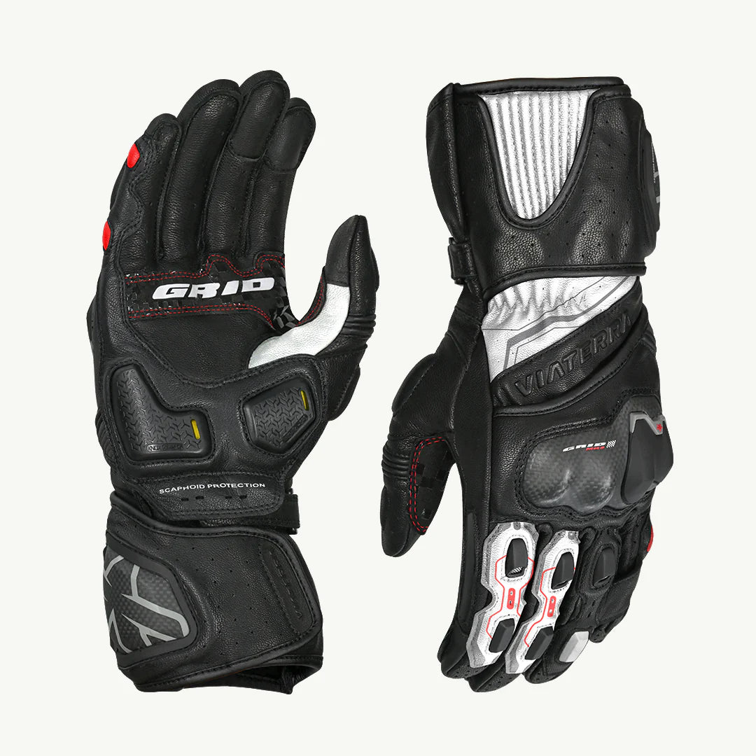 VIATERRA GRID MK3 – FULL GAUNTLET MOTORCYCLE RIDING GLOVES - BLACK RED WHITE