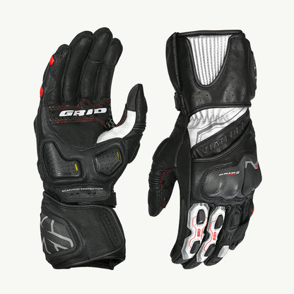 VIATERRA GRID MK3 – FULL GAUNTLET MOTORCYCLE RIDING GLOVES - BLACK RED WHITE