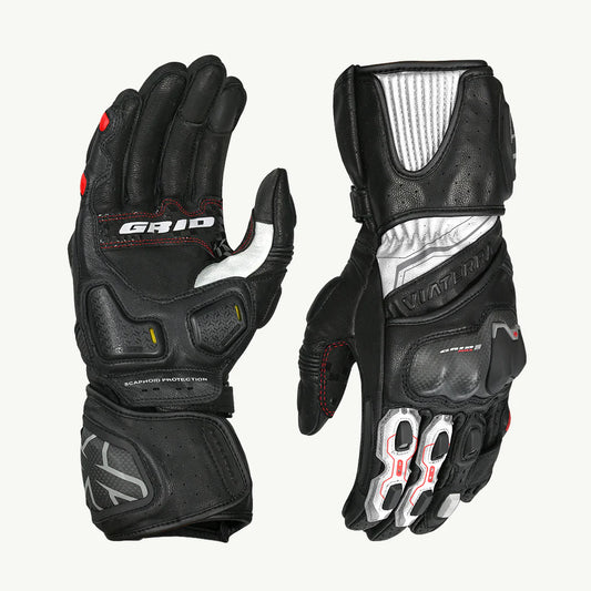 VIATERRA GRID MK3 – FULL GAUNTLET MOTORCYCLE RIDING GLOVES - BLACK RED WHITE