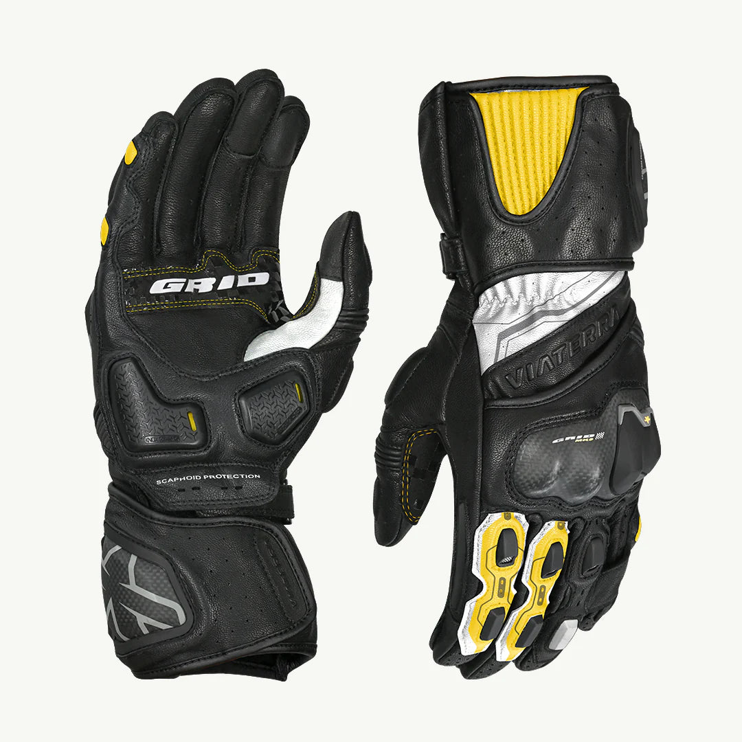 VIATERRA GRID MK3 – FULL GAUNTLET MOTORCYCLE RIDING GLOVES - BLACK YELLOW WHITE

motorizzr