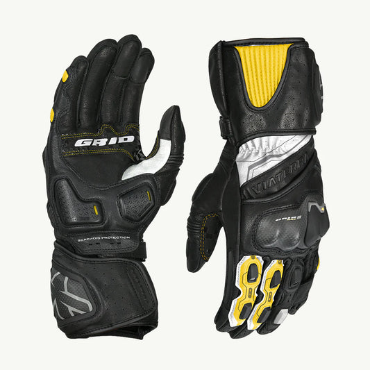 VIATERRA GRID MK3 – FULL GAUNTLET MOTORCYCLE RIDING GLOVES - BLACK YELLOW WHITE

motorizzr
