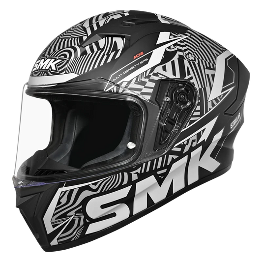 SMK Stellar Fury full-face helmet with dual visors, ventilation vents, and removable padding in a sporty polycarbonate shell.
MOTORIZZR