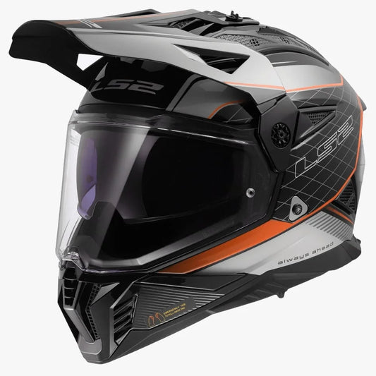 Black and orange motorcycle helmet with clear visor on a white background ls2