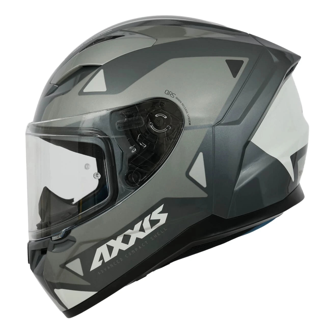 Gray and black motorcycle helmet with clear visor on a white background, featuring the Axxis brand.