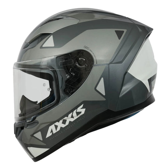 Gray and black motorcycle helmet with clear visor on a white background, featuring the Axxis brand.