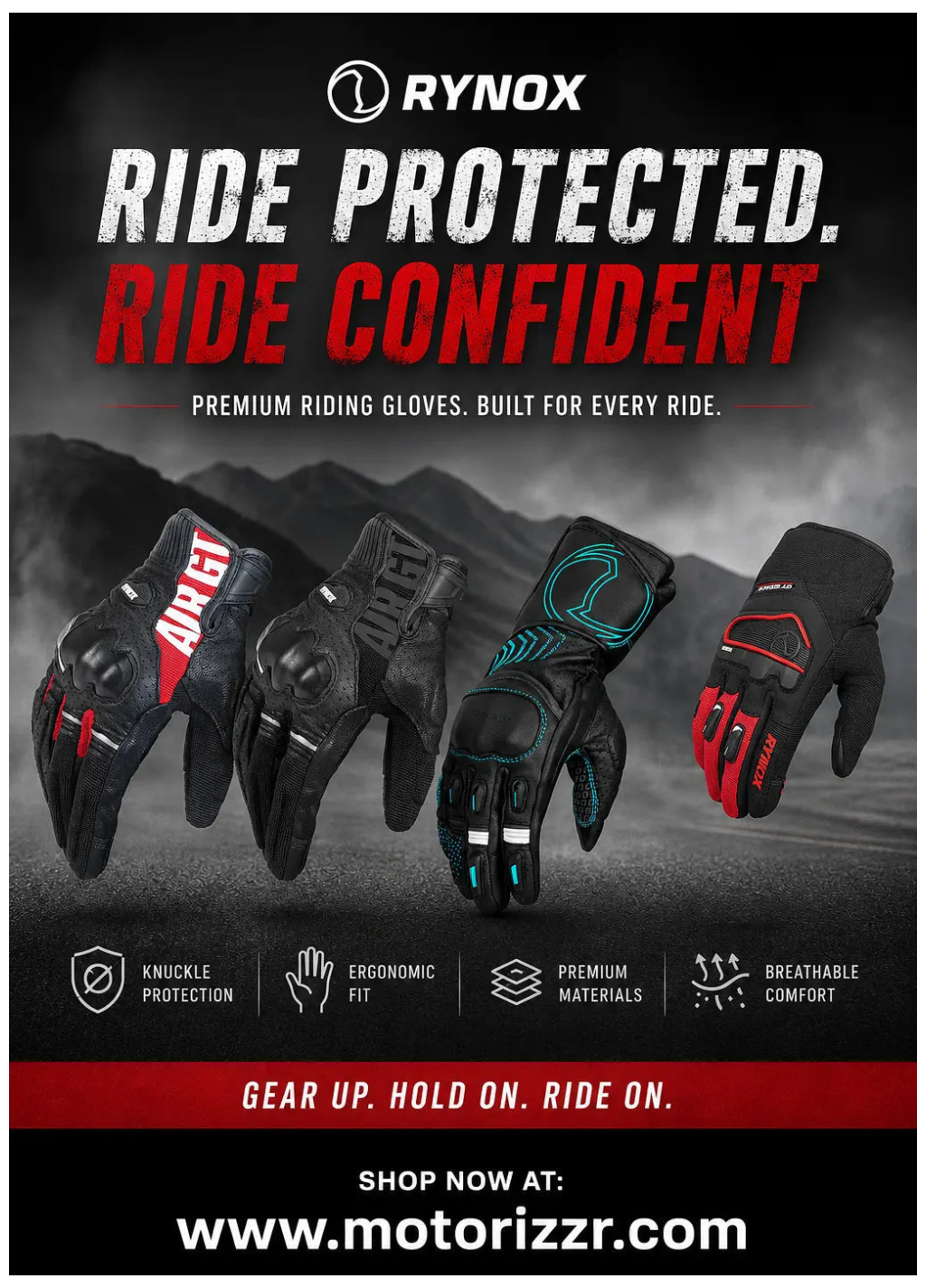 Rynox riding gloves advertisement. online riding gloves. motorizzr